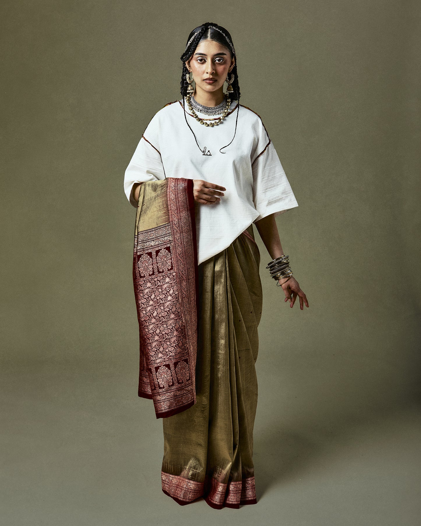 Unique Quinto T-Shirt featuring sarees from Mumbai, handmade from 100% organic cotton in Tamil Nadu, India - a celebration of tradition and new beginnings