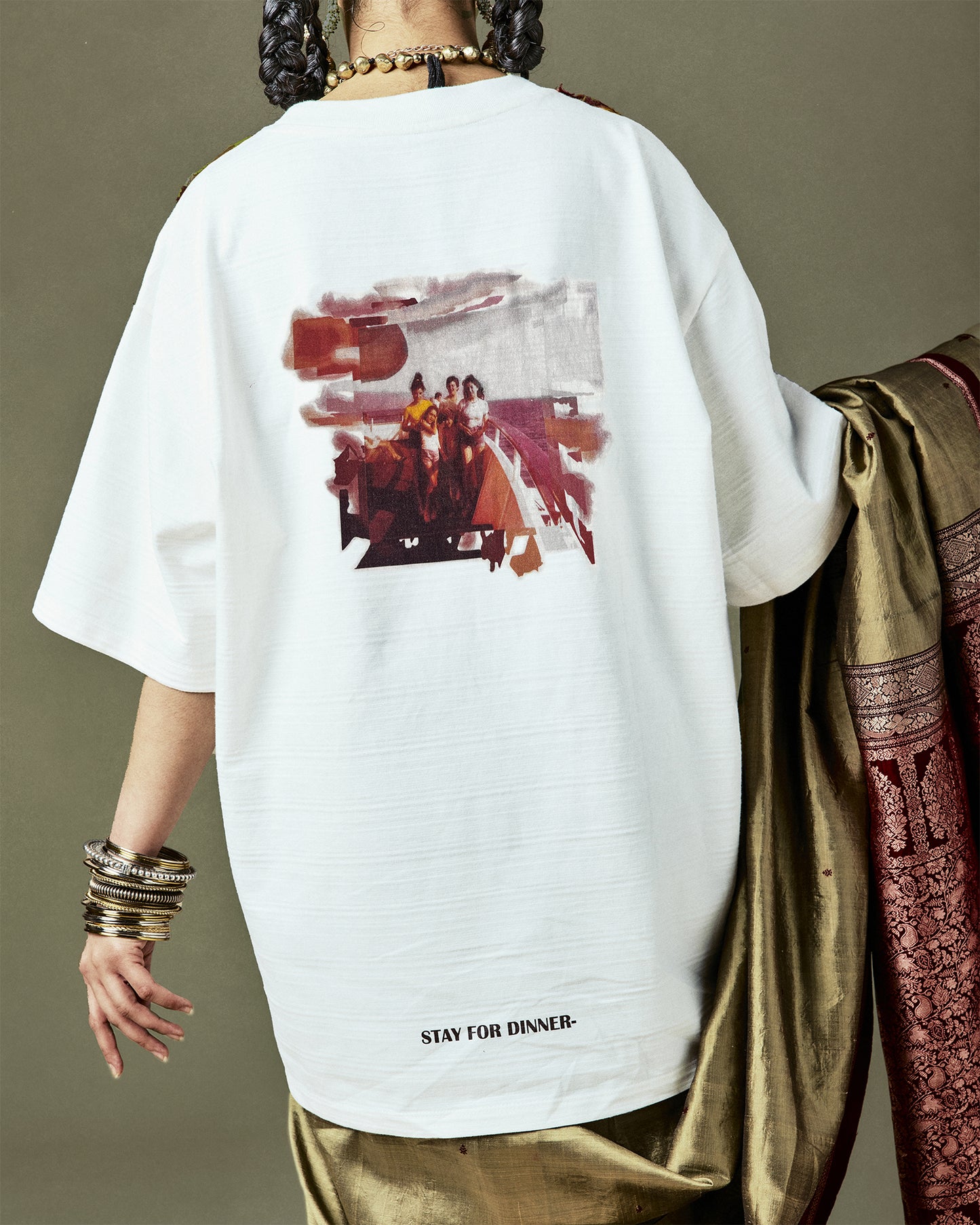 Unique Quinto T-Shirt with full-width slub yarn jersey, sari trimmings, and a 1960s polaroid back print - blending tradition and modernity in fashion.