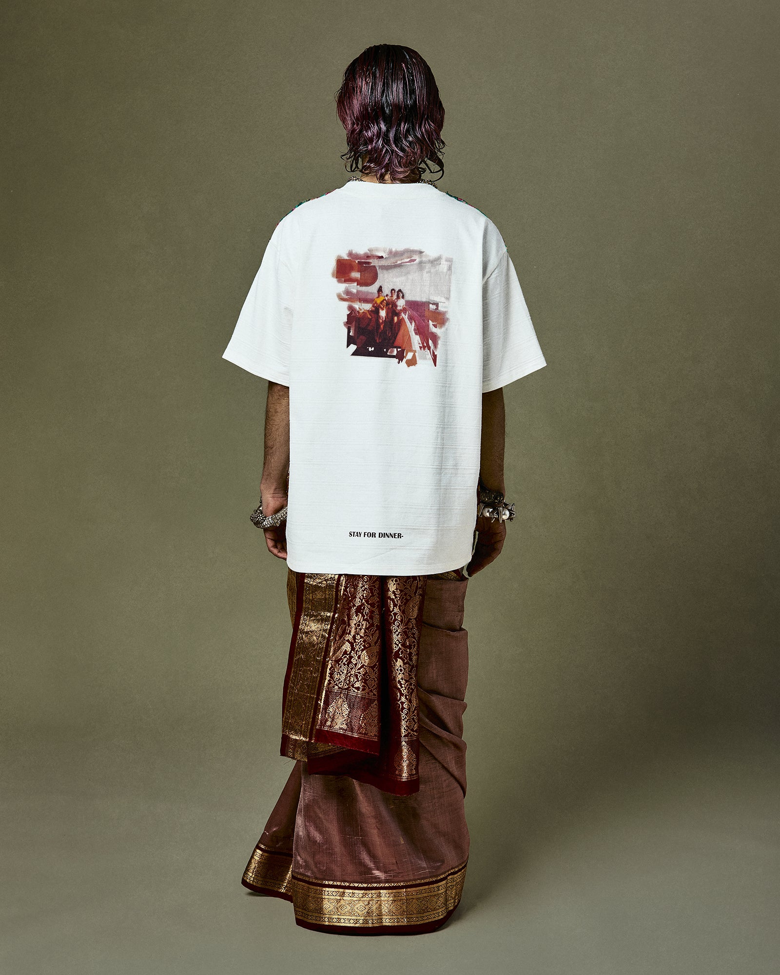 Unique Quinto T-Shirt with full-width slub yarn jersey and saree trimmings - sustainably produced with organic cotton and up-cycled Mumbai saree, illustrating the 'Calabria-Sicilia' narrative.